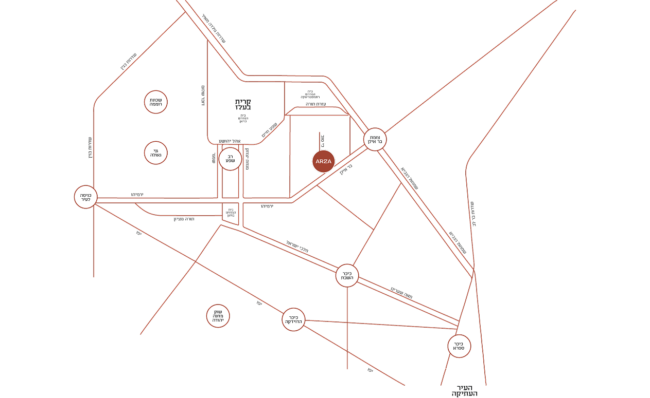 Map of ARZA in Tel Arza, west of the Old City of Yerushalayim